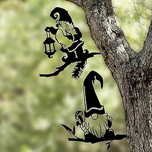 2 Pieces Steel Branch Gnome Silhouette Decor Metal Art Outdoor Garden Statue Dwarf Metal Stake Tree Branch Gnome Mushroom Ornament Hollowed Out Swedish Faceless Gnome for Home Yard Patio Lawn Decor