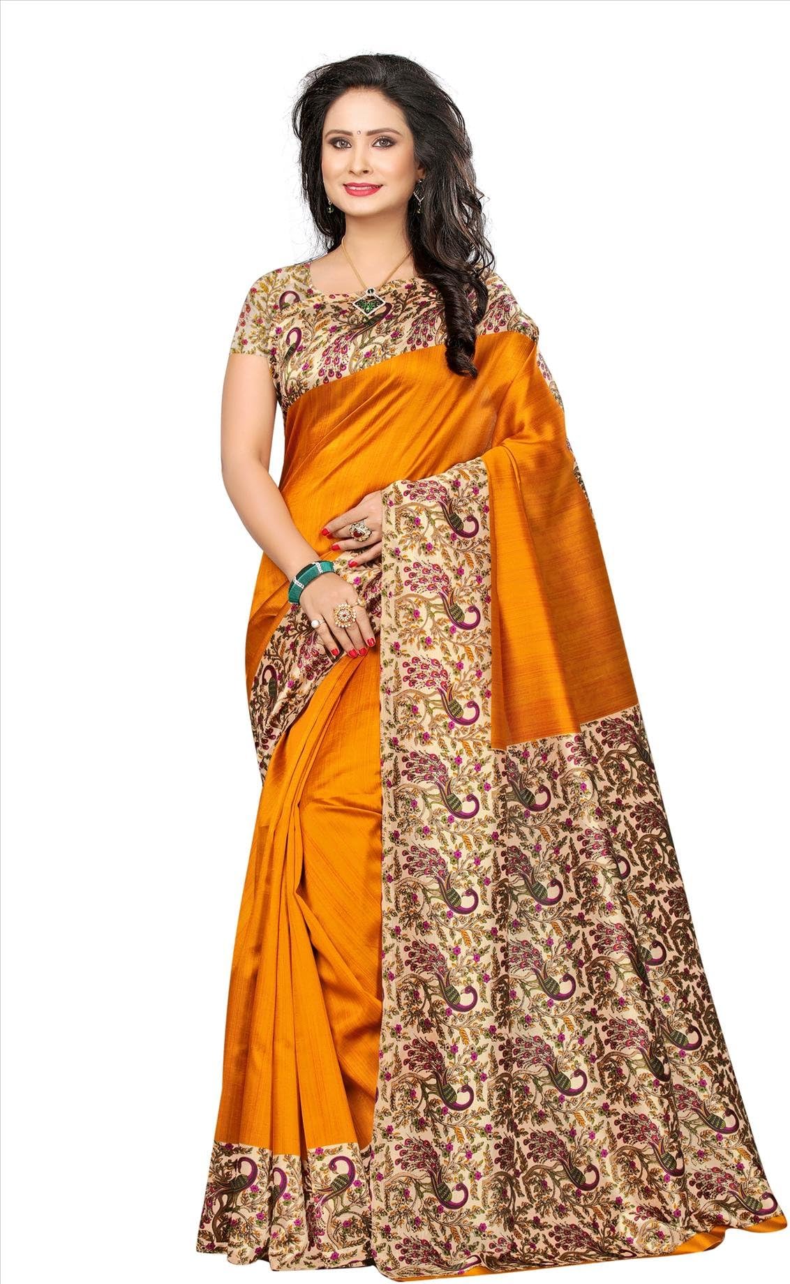 Fab Women Silk Saree with Blouse Piece (Fab1184_Yellow_Free Size)