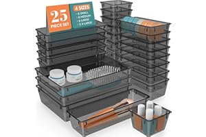 WOWBOX 25 PCS Plastic Drawer Organizer Set, Desk Drawer Divider Organizers and Storage Bins for Makeup, Jewelry, Gadgets for Kitchen, Bedroom, Bathroom, Office, Black