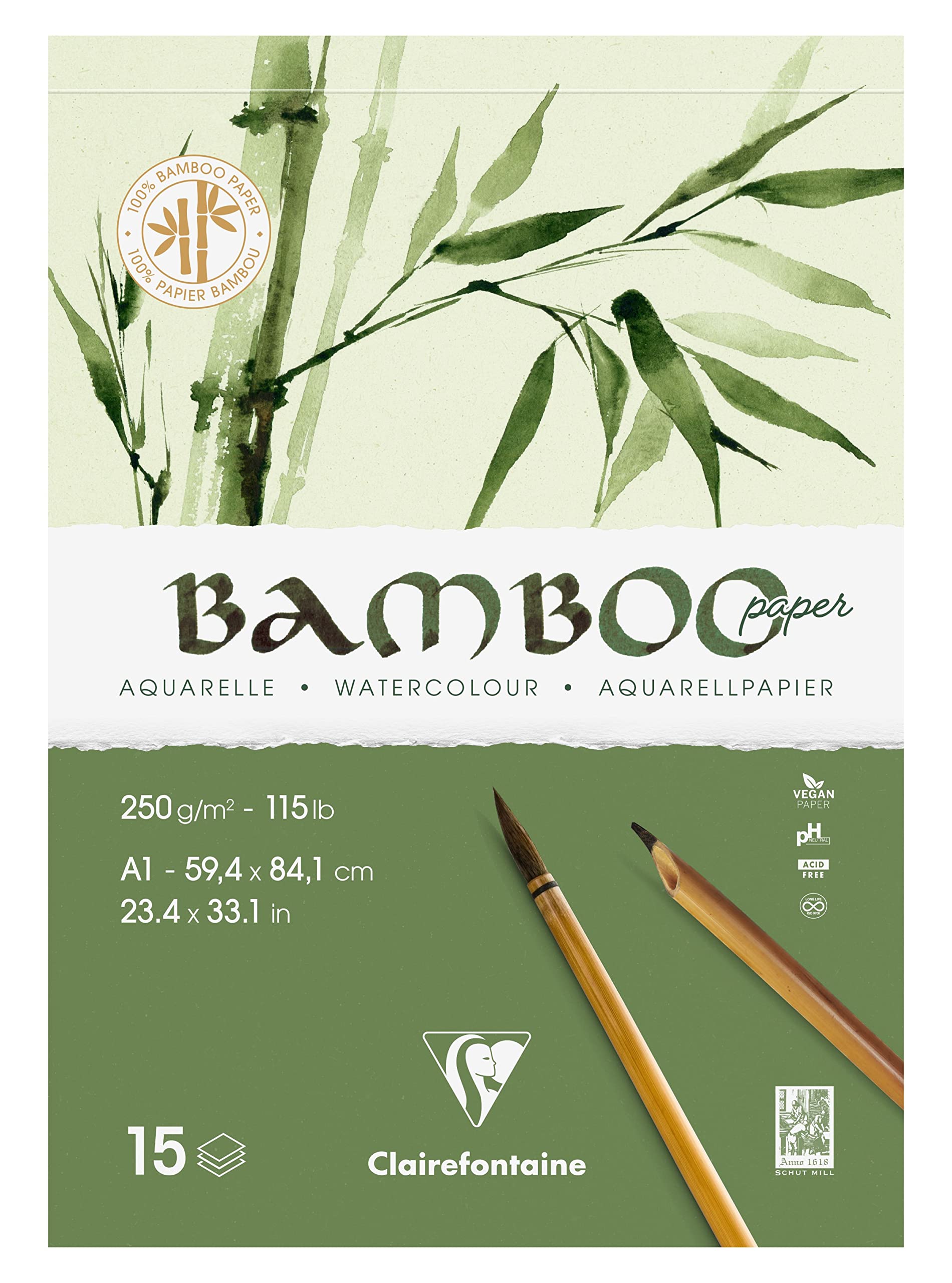 Clairefontaine 975922C - Bamboo Single-Sided Pad - 15 Sheets 100% Bamboo Watercolour Paper, Natural White, Vegan - Finely Marked Grain , A1, 59.4x84.1 cm, 250g