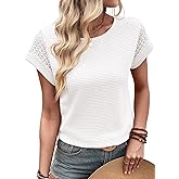 Dokotoo Womens Summer Tops 2026 Waffle Knit Lace Hollow Out Short Sleeve T-Shirts Crewneck Casual Loose Basic Tee Blouses