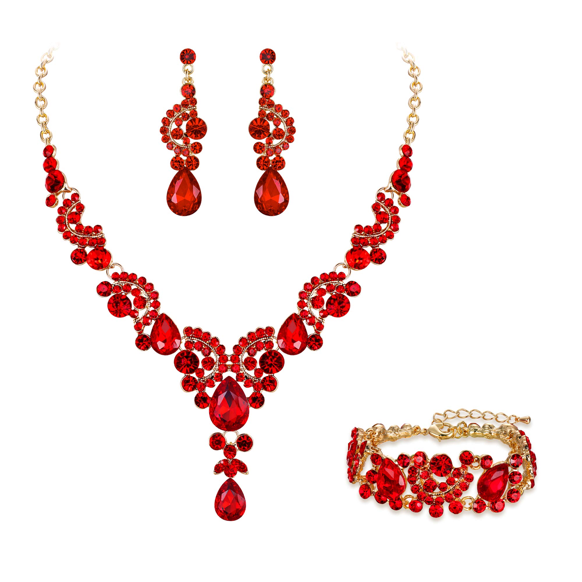 Ever Faith Wedding Jewellery Set for Women, Sparkly Rhinestone Crystal Vintage Floral Teardrop Brides Bridal Necklace Earrings Bracelet Sets Prom Party Costume Jewelry 3 Pcs Red Gold-Tone