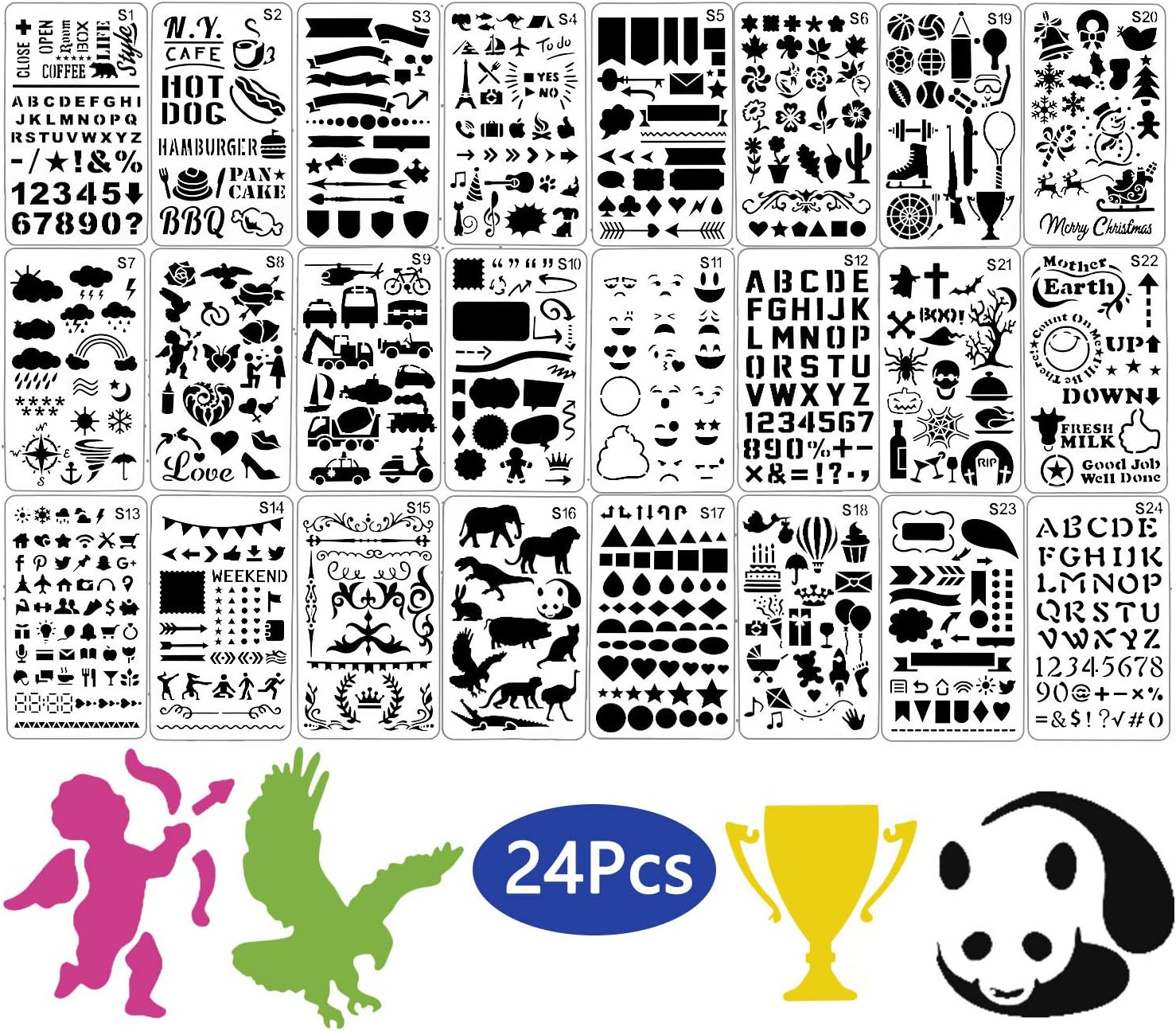 24 Pcs Drawing Painting Stencils, Diealles Shine Template Sets Reusable Plastic Craft for Art for DIY Albums Accessories Scrapbooking Window Glass.