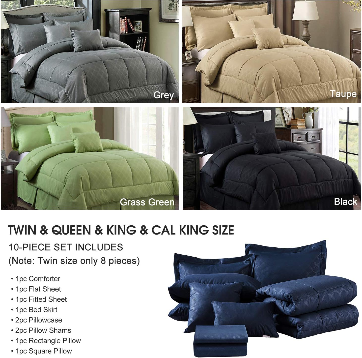 JML Comforter Set, 10 Piece Microfiber Bedding Comforter Sets with Shams - Luxury Solid Color Quilted Embroidered Pattern, Perfect for Any Bed Room or Guest Room (Navy, Cal King): Kitchen & Dining