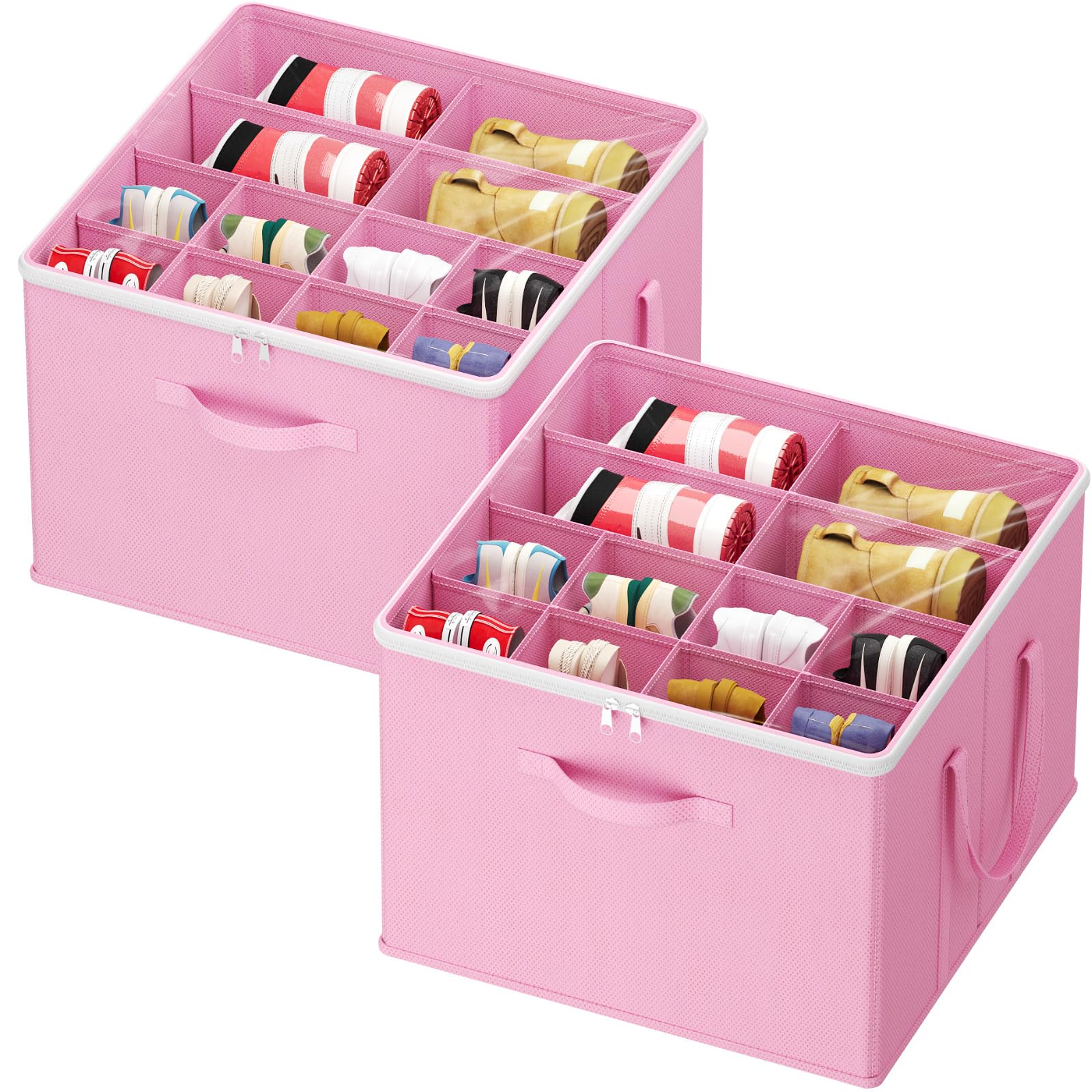 Lifewit Shoe Storage Organizer for Closet, Fabric Large Shoe Box Storage Containers with Clear Cover, Foldable Bins for Boots Heels Sneakers Fits 24-32 Pairs (Each 12-16 Pairs) 2 Pack Pink Image