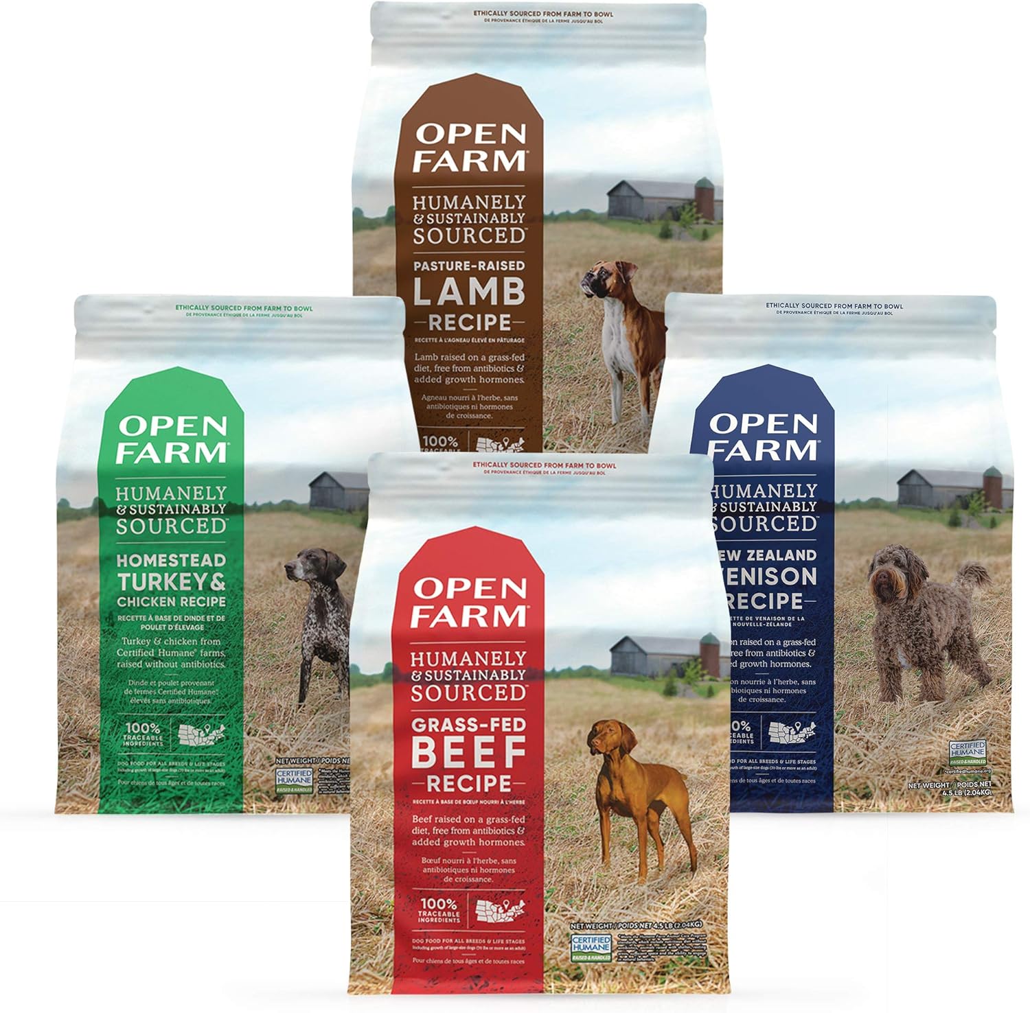 Open Farm Grain Free Dry Dog Food Bundle with Grass-Fed Beef, New Zealand Venison, Pasture-Raised Lamb and Homestead Turkey and Chicken, 4 Pack Bundle
