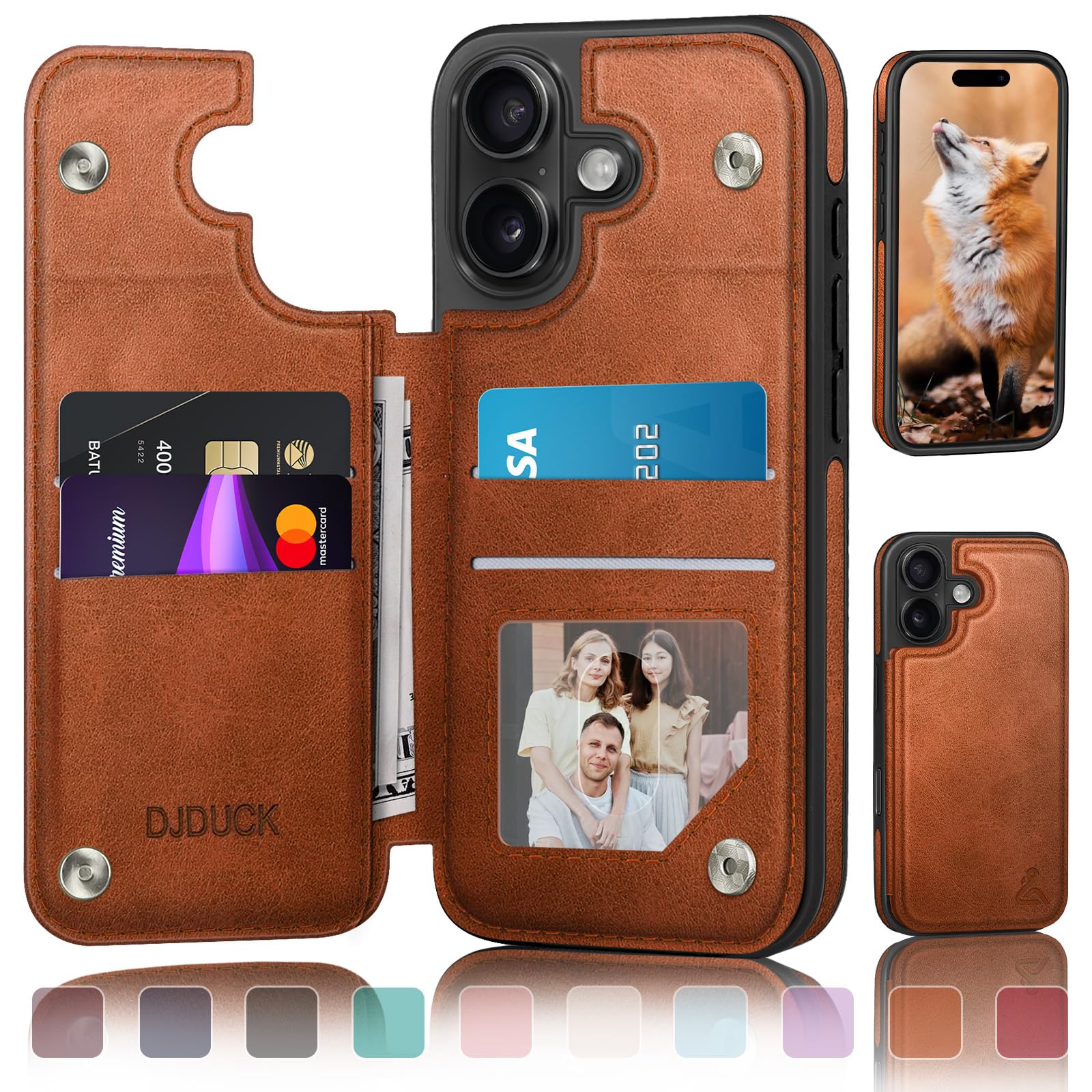 DJDUCK Designed for iPhone 16 Case Wallet with Card Holder, [Magnetic Clasp Cover] [RFID Blocking Leather Protection] Shockproof Women Men Cases 6.1 Inch for Apple 16 Light Brown