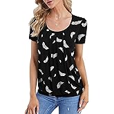 DJT Women's Short Sleeve Summer Tops Scoop Neck Pleated Front Casual Tee T Shirt