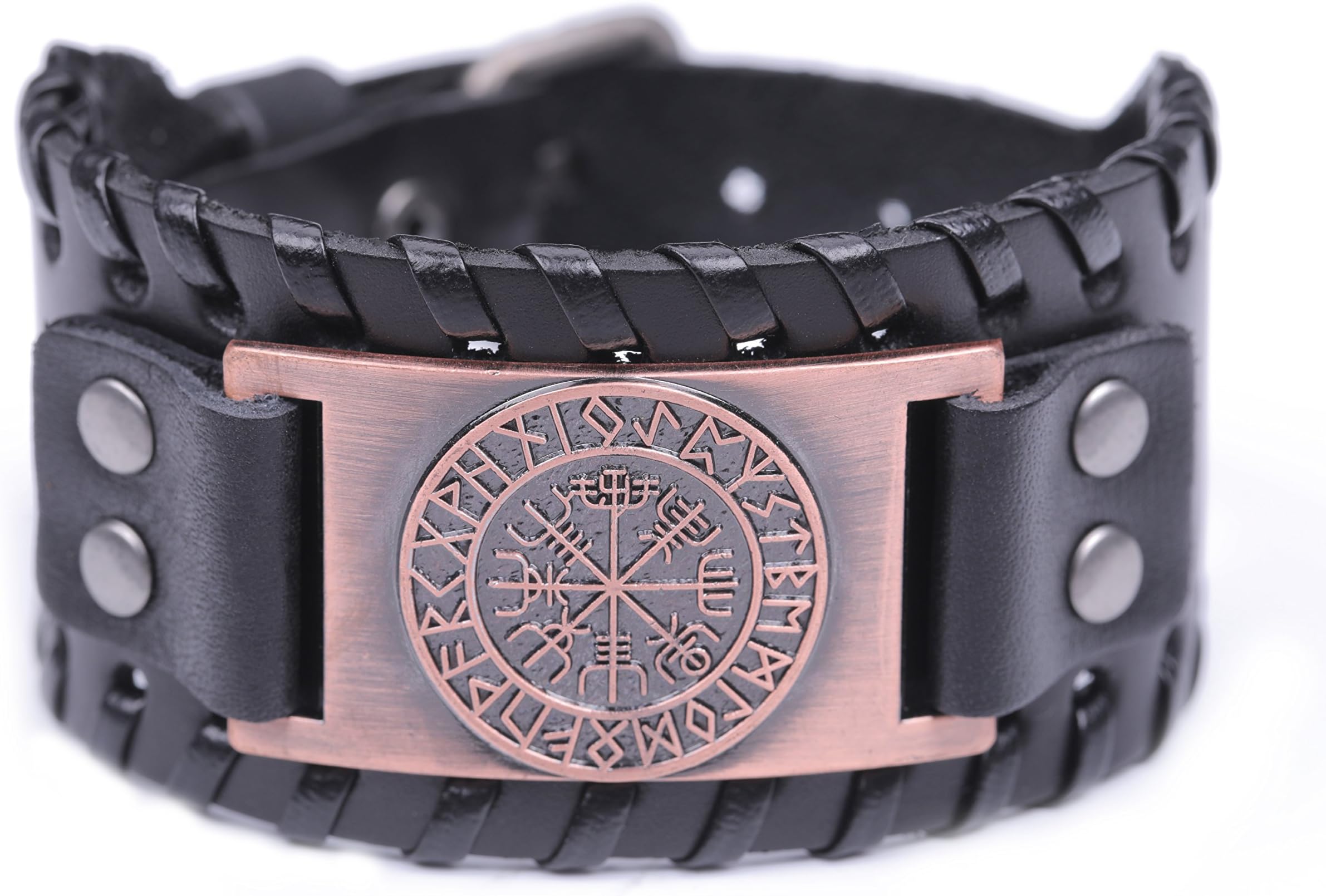 EUEAVAN Ancient Viking Vegvisir Compass 24 Amulet Runes Braided Wide Leather Wristband Bracelet
