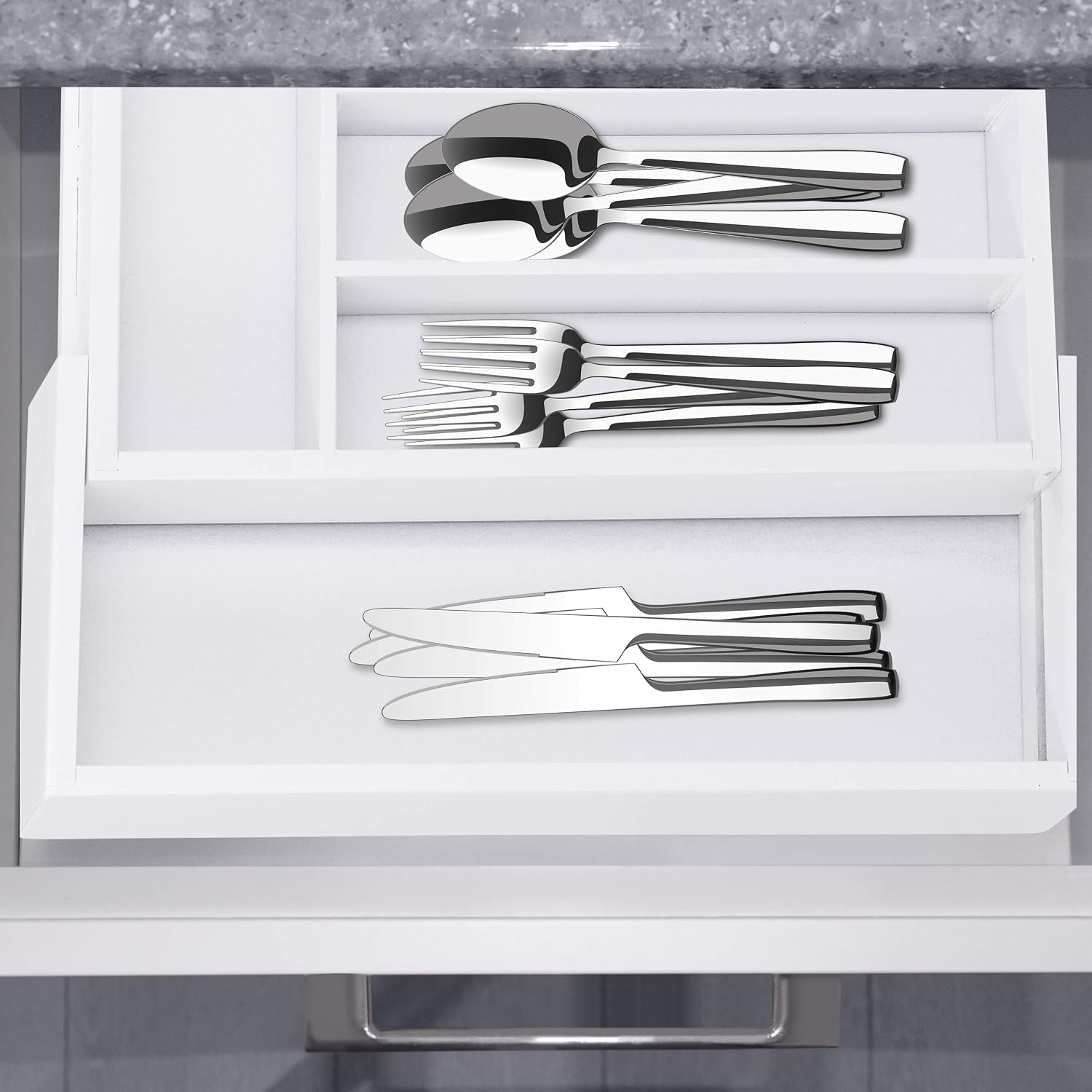 Relaxdays Cutlery Drawer Tray, Extendable, Variable Width, 5 - 7 Compartments, Bamboo Organiser, HWD: 5x48x33.5cm, White - Image 3