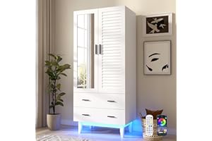 jiteentarou 2 Door Armoire Wardrobe Closet Cabinet with Drawers and LED Lights, Multi-Tier Shelves, Hanging Rod & 2 Louver Doors, Large Capacity Storage Wardrobe Armoire for Bedroom(2 Doors White)