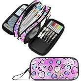 Fustylead Leopard Print with Hearts Large Pencil Bag Storage Pen Case Makeup Pouch Stationery Bag for School College Office Organizer