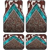 Universal Fit Car Floor Mats Set of 4Pcs, Western Cowboy Style Blue-Brown All-Weather Front Rear Car Carpet Mats, Non-Slip Car Floor Mat Car Accessories for Automotive Trucks SUV Sedans Vans