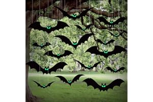 HIFUNWU 24pcs Halloween Hanging Bats Decorations Outdoor, Halloween Bats Outdoor Decor, 4 Different Sizes with Glowing Eyes for Outside Tree Yard Porch Party Decor
