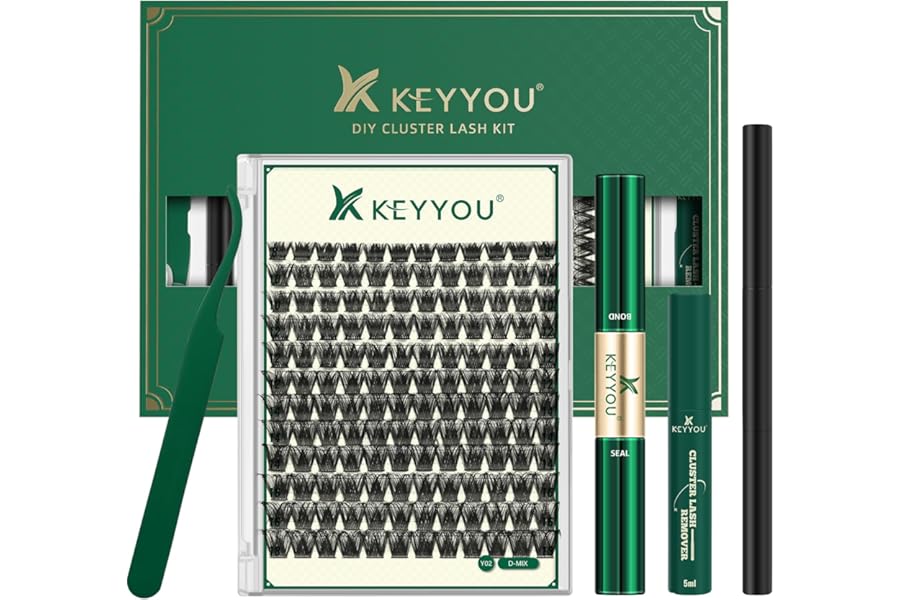 KEYYOU DIY Eyelash Extension Kit with Mascara Brush Bond and Seal Glue Remover Lash Clusters Applicators and Brush, Clean Pad for DIY Lash Extensions (Y02 Kit), 144 pcs