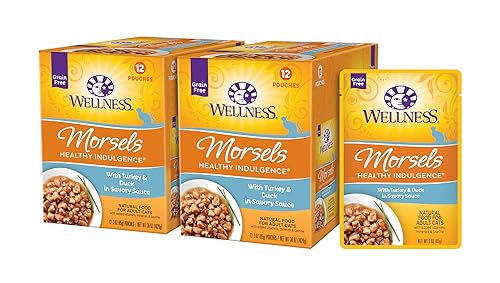 Wellness Healthly Indulgence Morsels Adult Wet Cat Food, Natural, Protein-Rich, Grain Free, 3 Ounce Pouch, 24 Pack, (Turkey & Duck)