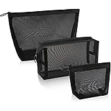 3 Pieces Mesh Cosmetic Bag Mesh Makeup Bags Mesh Zipper Pouch for Offices Travel Accessories, 3 Sizes (Black)