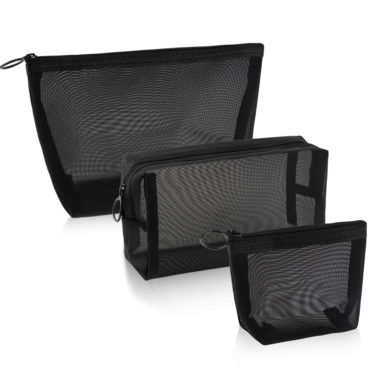 3-Piece Mesh Cosmetic Bags - Zipper Pouch for Travel & Offices, 3 Sizes (Black)