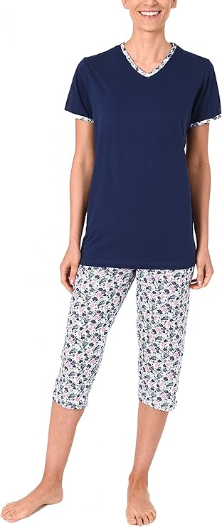 Damen Pyjama Set 2-teilig - Baumwolle Schlafanzug Mit Kurzarm & 3/4 Hose