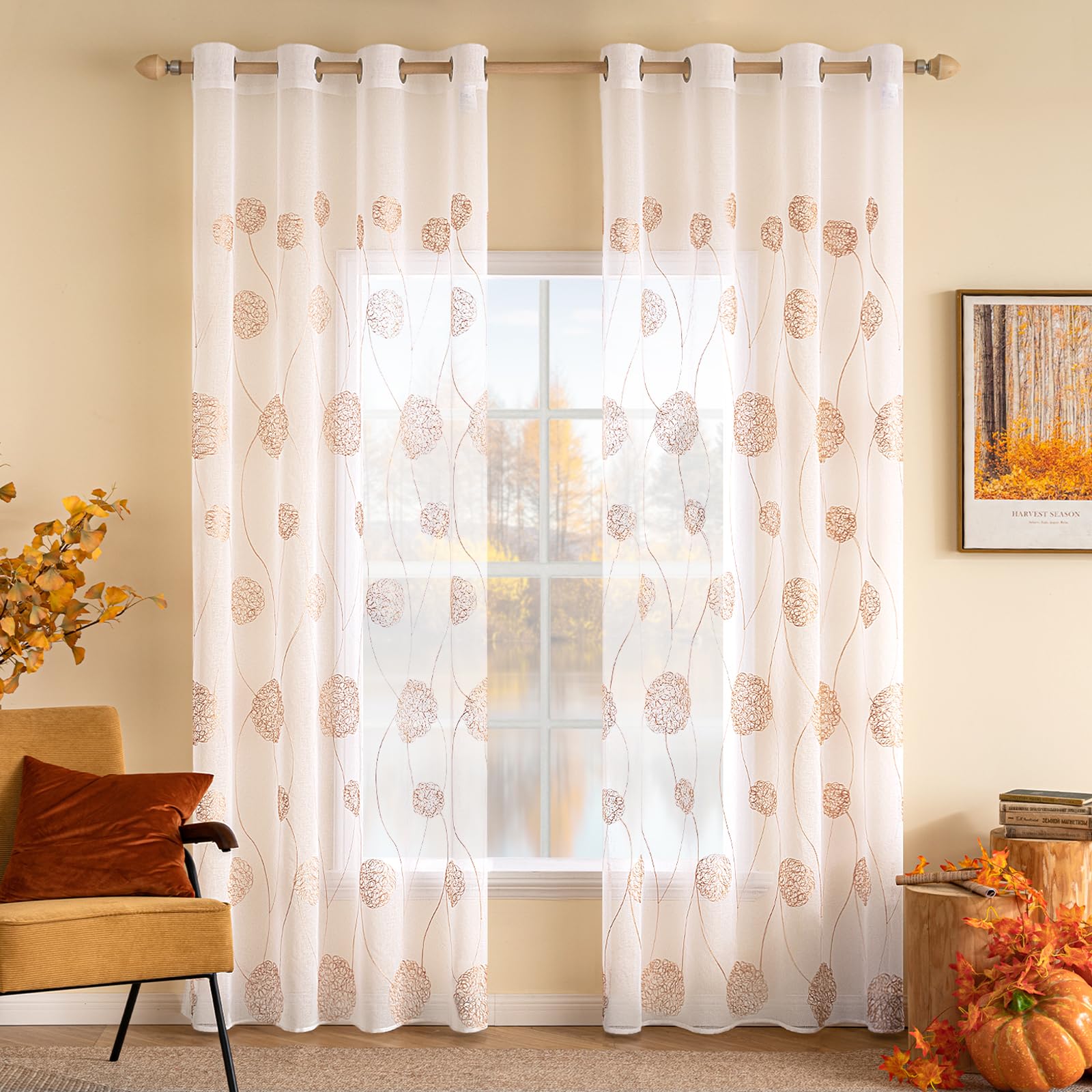MIULEE Embroidery Sheer Curtains Flora Design Grommet Window Curtain Semi Voile Drapes Panels with Eyelets Window Treatments for Living Room Bedroom 2 Panels 55" W x 96" L Orange