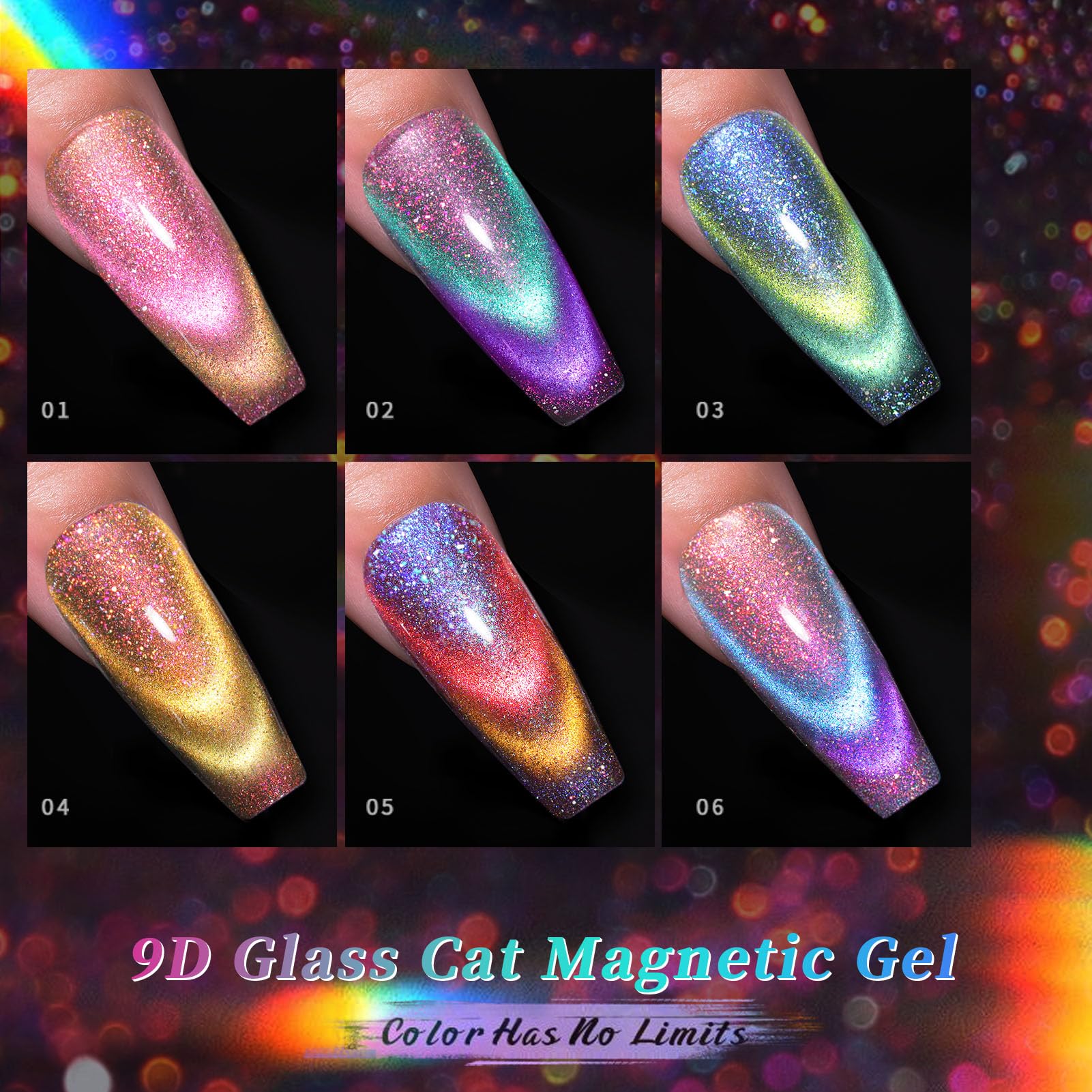 BORN PRETTY Cat Magnetic Gel Nail Polish 9D Chameleon Holorgraphic Cat Magnetic Eye Gel Polish Glitter Gel Polish Set 6PCS - Image 3
