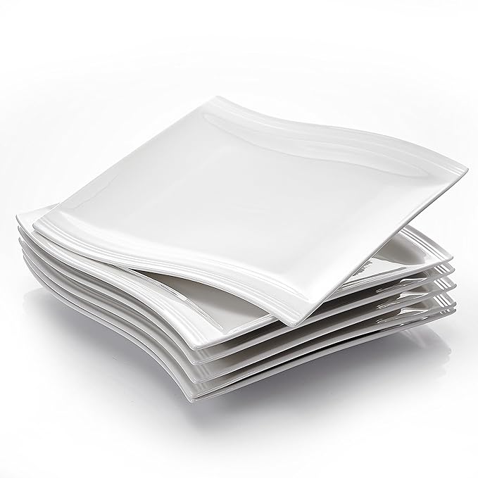 MALACASA, Serie Flora, 12 teilig Set Cremeweiß Porzellan Kuchenteller Dessertteller Frühstücksteller 8,25 Zoll / 21x21,5x2,5c
