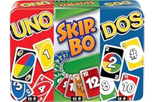 Mattel Games Set of 3 Games with UNO, Skip-Bo & DOS, Travel Games for Kids & Family Night with Storage Tin Box