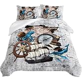 HOSIMA Off White Comforter Set,Sea Life and Ship Adventure Nautical Themed Bedding Whale and Octopus Twin Comforter with 2 Pillowcases,Nautical Bedding for Boys Room Decor.