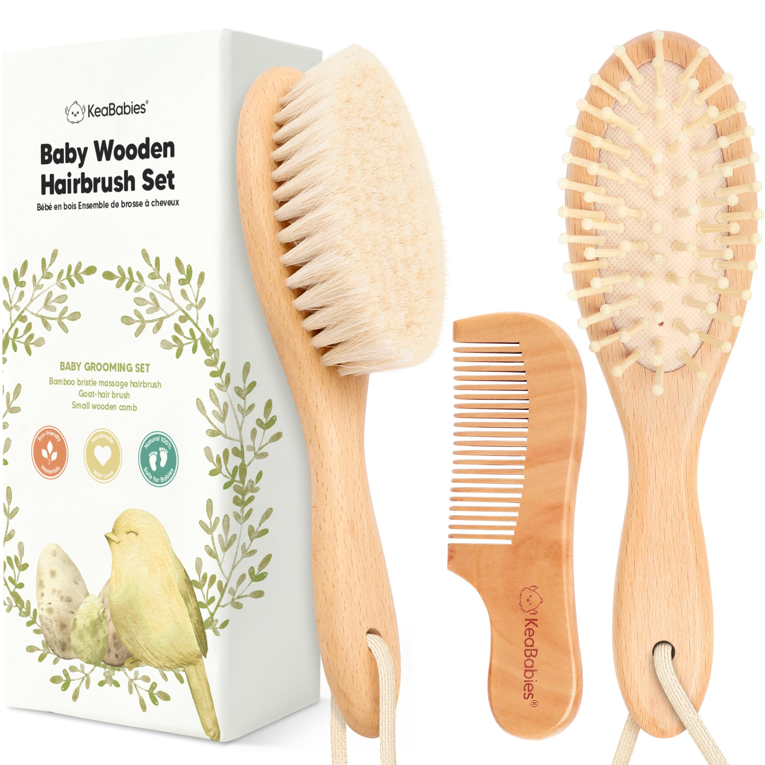 Baby Hair Brush and Comb Set for Newborn - Wooden with Soft Goat Bristle, Newborns Girl, Boy, Toddler Cradle Cap (Oval, Walnut)