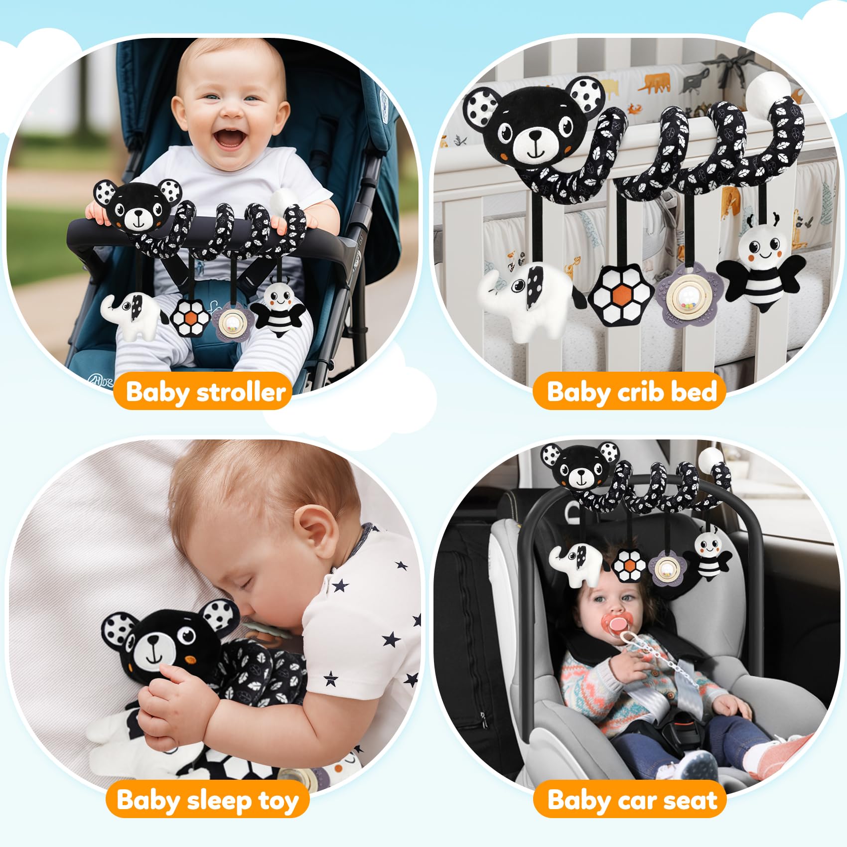 Baby Carseat Toy Black & White Rattle Spiral Hanging Activity Stroller Toy for Newborns Boys and Girls, Quality Gifts for Baby Shower - Bear