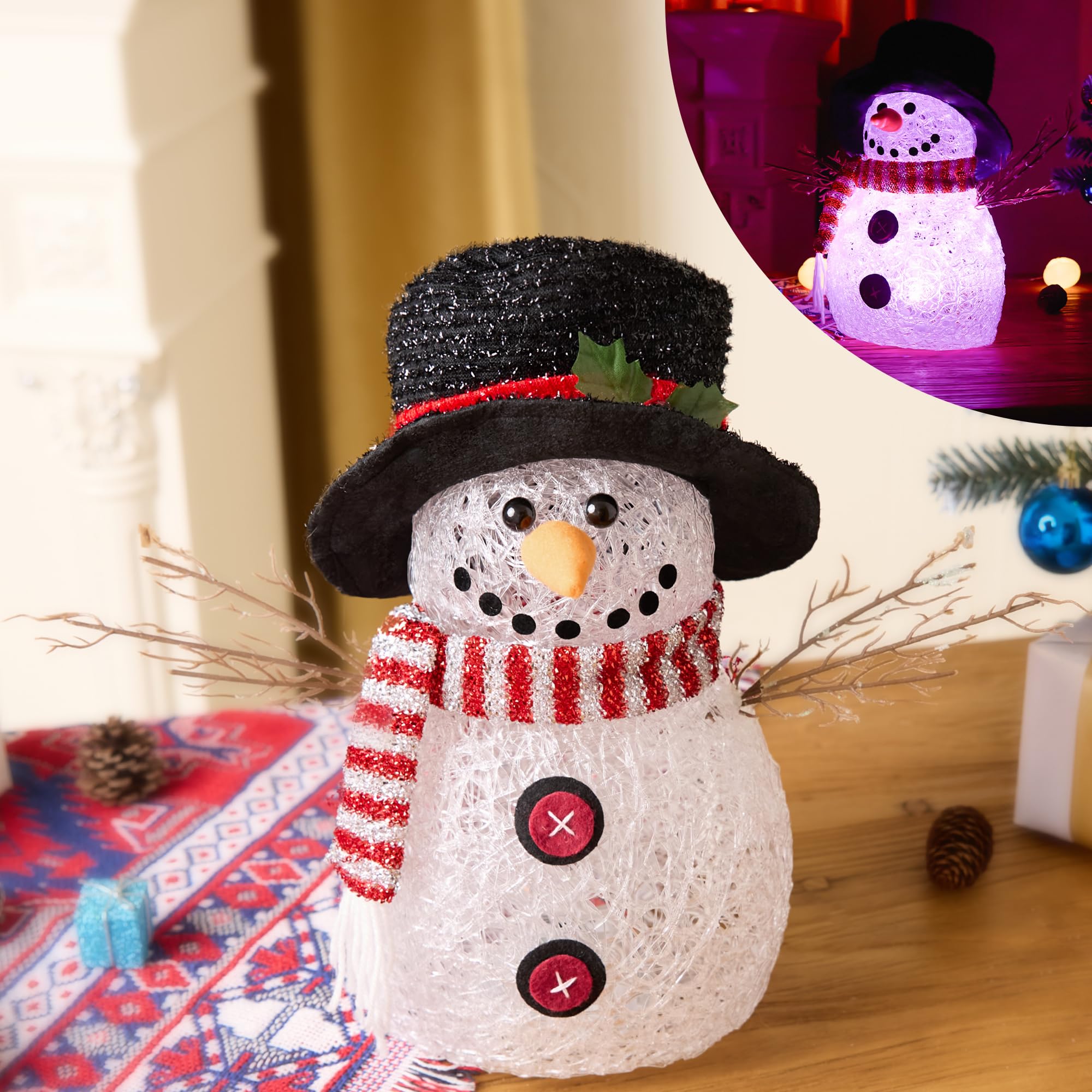Photo 1 of Entehaus Christmas Acrylic Snowman Decorations - 13.7 Inch Spinning Color Changing LED Tabletop Snowman, Pre-Lit Illuminated, Glittery Christmas Figure Table Decor for Indoors, Interior (Top Hat)