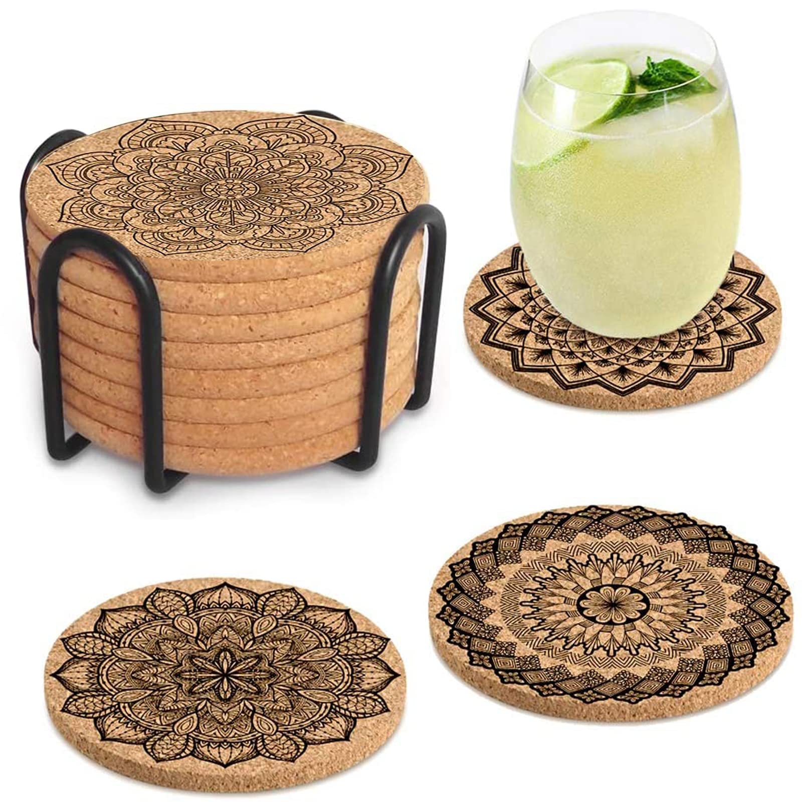 Cork Coasters, Pack of 8 Cork Coasters, Wooden Reusable Round Coasters, Reusable Absorbent Cup Coaster Mat, Glass Coaster Set for Home, Restaurant, Office and Bar