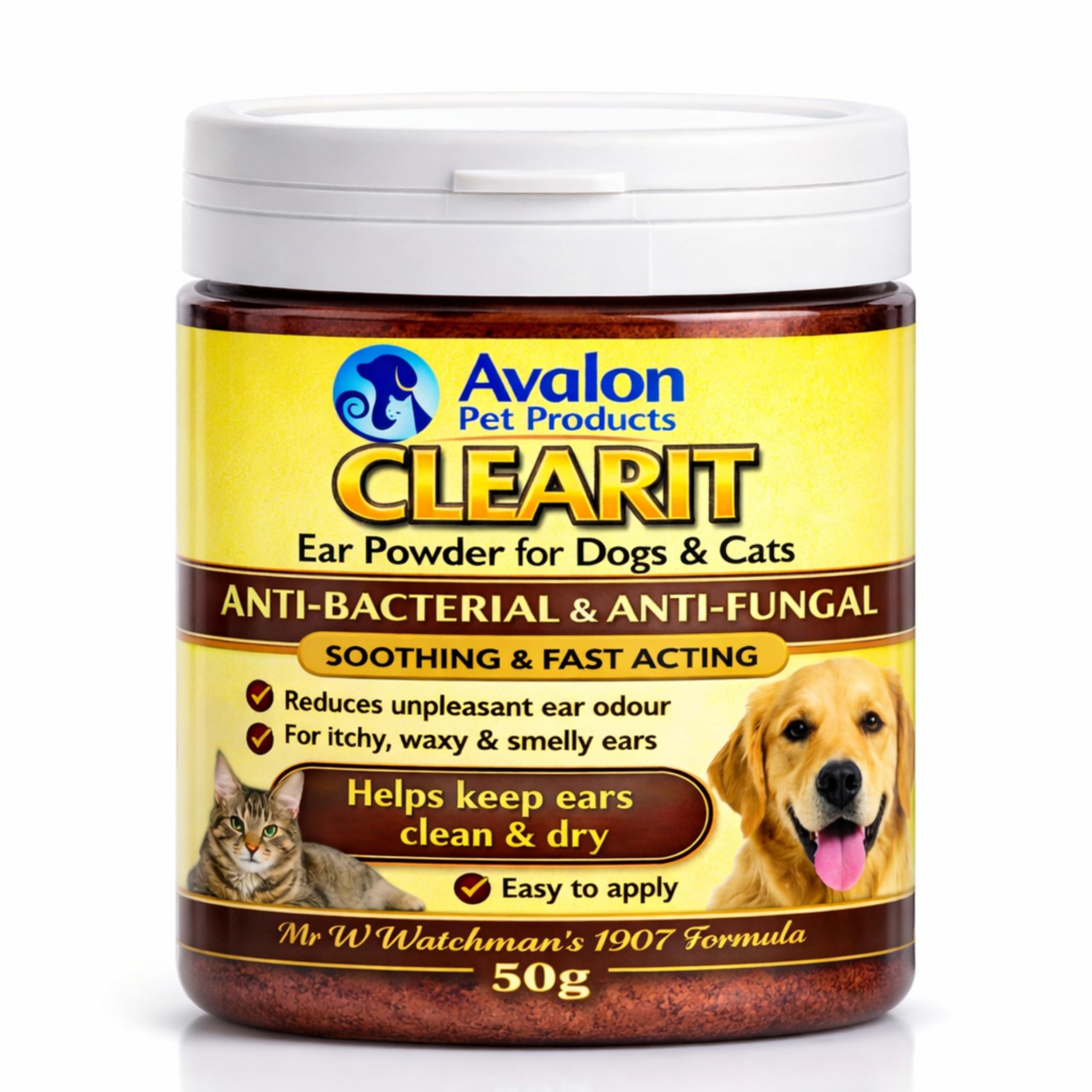 CLEARIT 50G Ear Powder for Dogs & Cats – Anti Bacterial & Anti Fungal Powder – Supports Yeast Control, Itching, Wax Build-Up & Odour - Helps Keep Ears Dry, Fresh & Comfortable