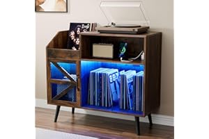 MULEJYBO Large Rustic Record Player Stand with Magnetic Door,350 Vinyl Record Storage Cabinet, Record Player Table with Power Outlet & LED Light,Turntable Stand with Wood Legs for Living Room,Office