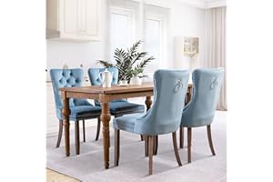 SoarFlash Velvet Dining Chairs Set of 4, Tall Back Side Chair, Modern Upholstered High-end Tufted Side Chair with Button Back Ring, Solid Wood Legs (Sky-Blue)