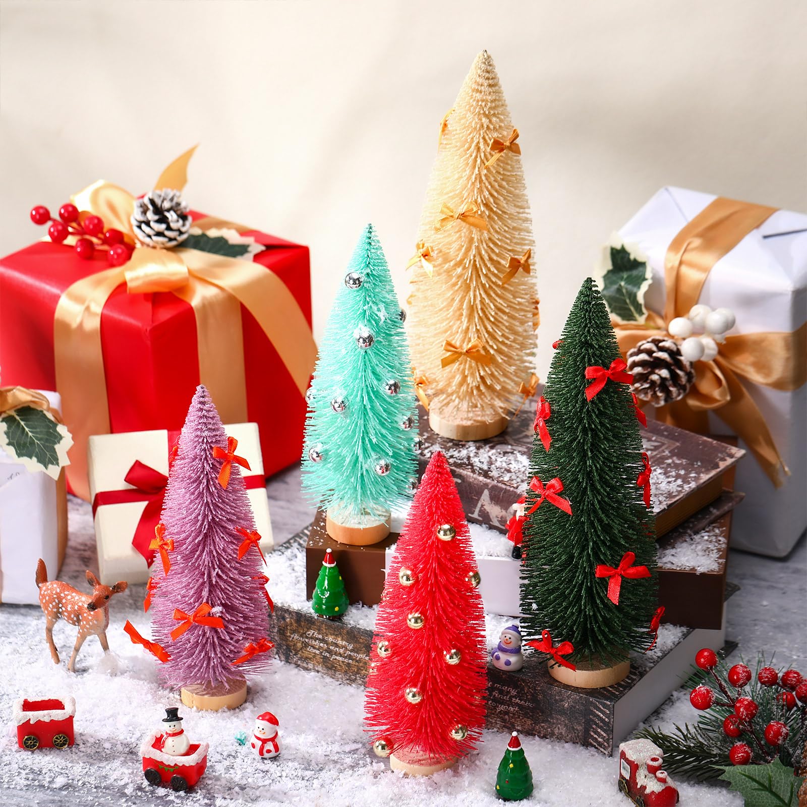 Photo 1 of 5 Pack 10'' 8'' Christmas Bottle Brush Trees with Bow Bead Mini Christmas Trees with Wood Base Colorful Artificial Tabletop Xmas Decor for Holiday Winter Snow Miniature Scenes Home Decorations