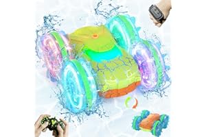 Opmind Amphibious RC Car Boat for Boys 5-7, 2.4GHz Remote Control Car with LED Lights, 4WD All Terrain Off-Road Stunt RC Boat, Gesture Sensing Waterproof Pool Beach Toy, for Kids 8-13