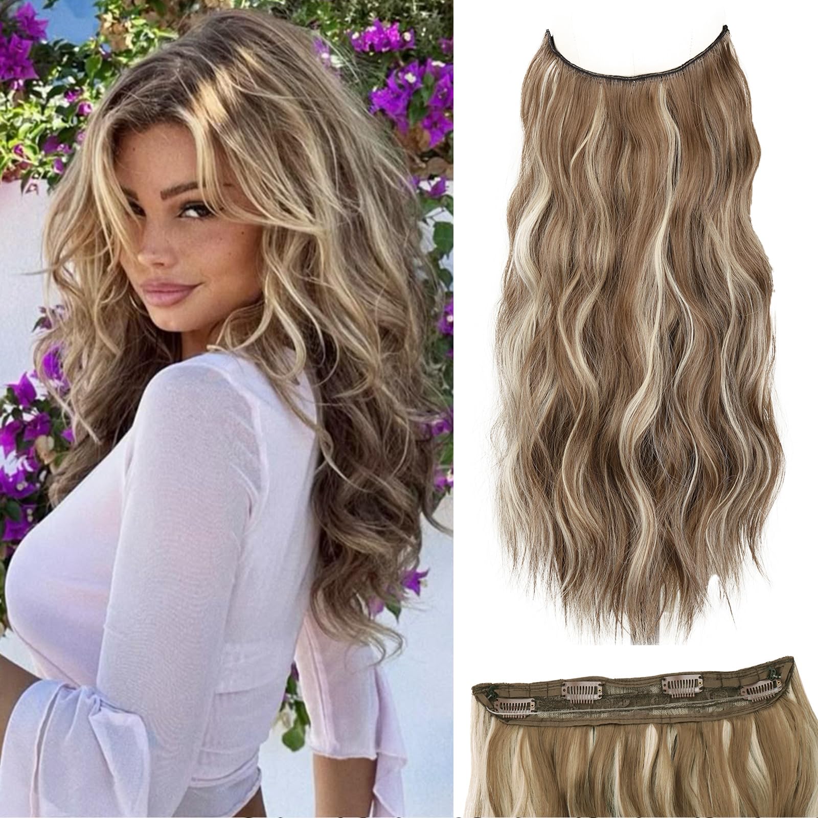 Photo 1 of Brown Mixed Blonde Invisible Wire Hair Extensions Long Wavy Synthetic Hairpiece with 4 Secure Clips for Women 20 Inch Clip in Hair Extensions
