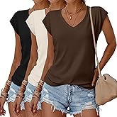Huukeay 3 Pack Women’s V Neck T Shirts, Cap Sleeve Summer Casual Tops Loose Fit Short Sleeve Tees 2025 Trendy Shirts
