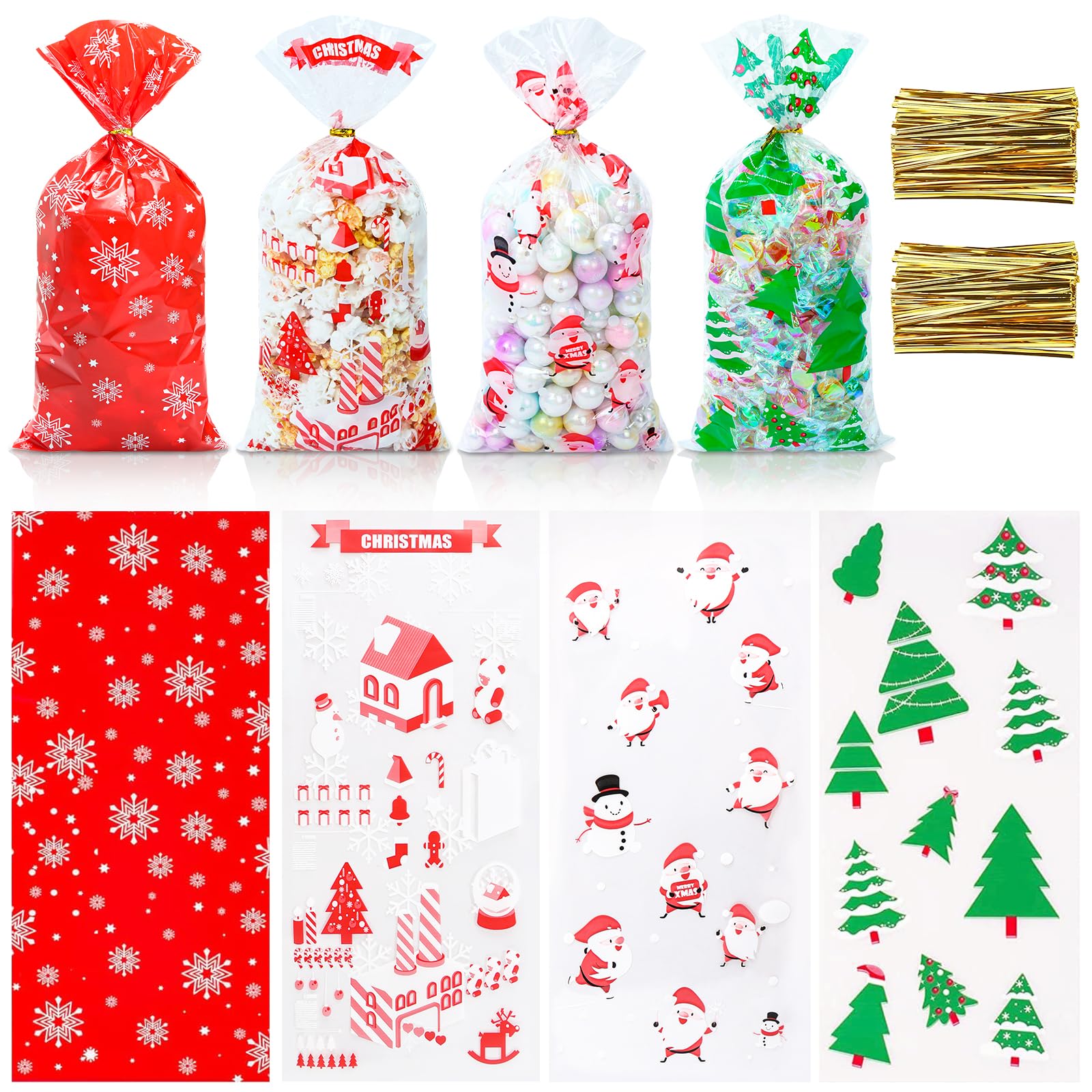Photo 1 of 120 PCS Christmas Cellophane Treat Bags, Cookies Candy Goody Bags with Twist Ties for Gifts, Party Supplies
