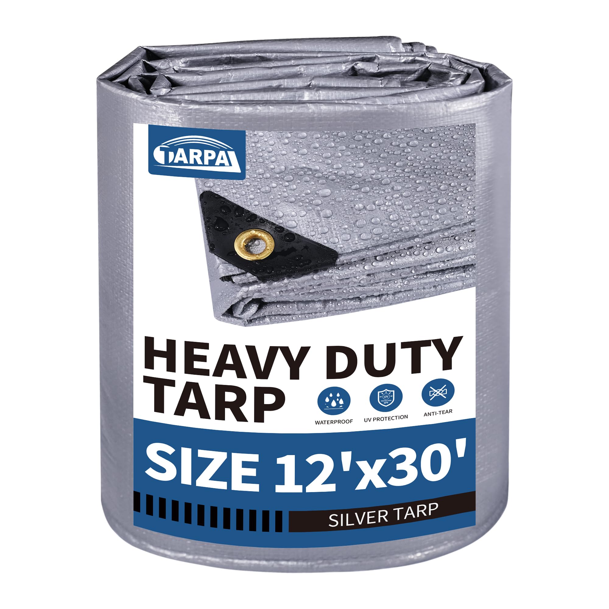 TARPAL 12x30 tarp,Heavy Duty Tarp 14mil Silver Reflective Tarps Large Waterproof Tarps with Grommets and Reinforced Edges UV Protection,Tear Resistant for Firewood,RV,Boat,Roof,Car,Camping Image