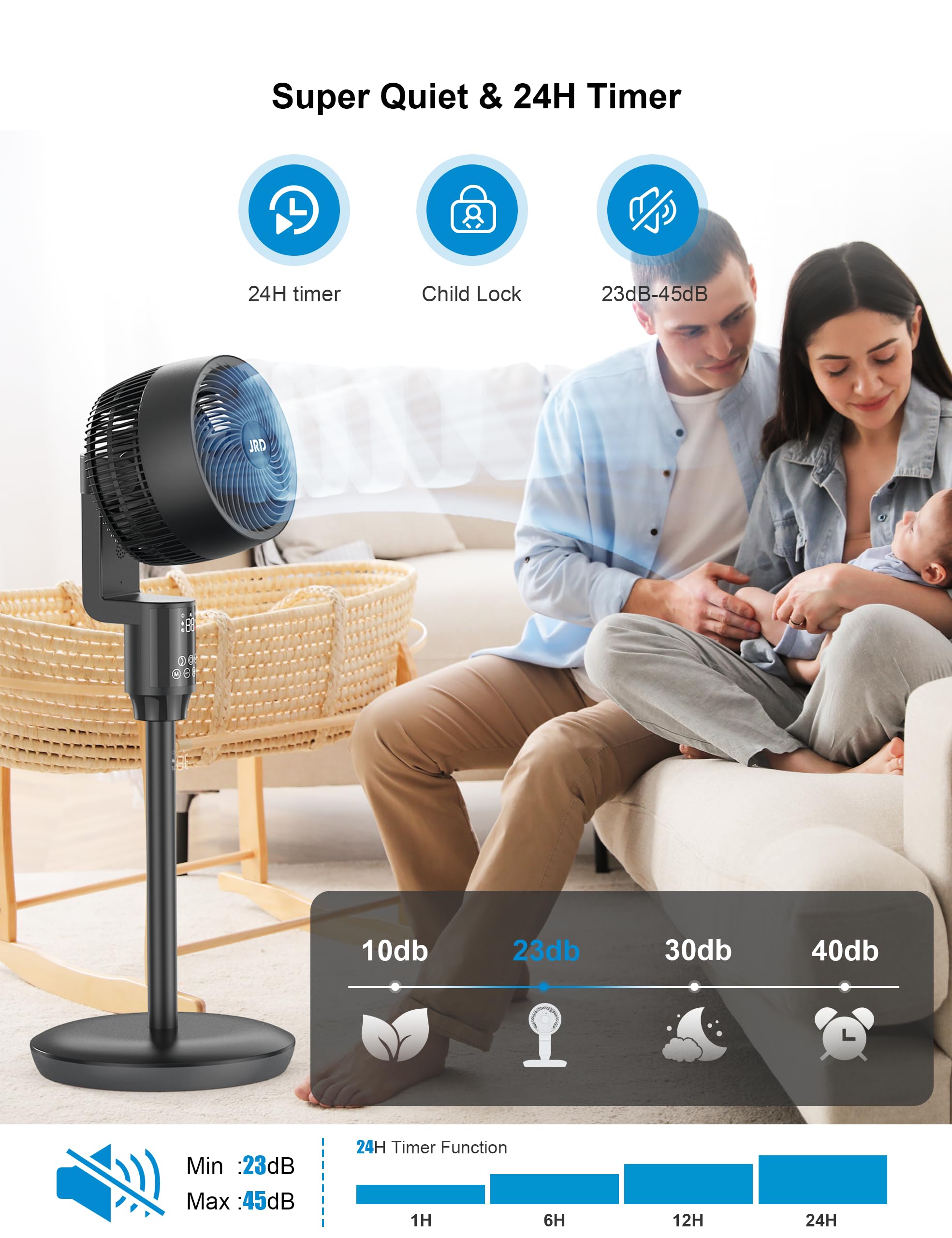 JRD Fan for Bedroom, 70° Oscillating Standing Fans, Quiet Floor Fan, 100ft Pedestal Fans for Room, 6 Speeds, 3 modes,90° Manual Vertical, 19-38