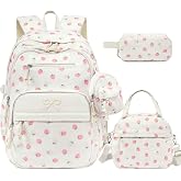 DIGOBAY 4PCS Corduroy Backpack For Girls with Lunch Box Pencil Pouch | Embroidered Bow Girls Bookbag for Teens Girl Middle High School College Travel Daypack Laptop Bag, Beige Strawberry