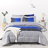 RYNGHIPY 8Pcs Blue and Grey Stripe Comforter Set Full Size, Ultra Soft Microfiber Filling Patchwork Comforter Duvet, Bed Sheets and Pillowcases (Full,Blue Grey)