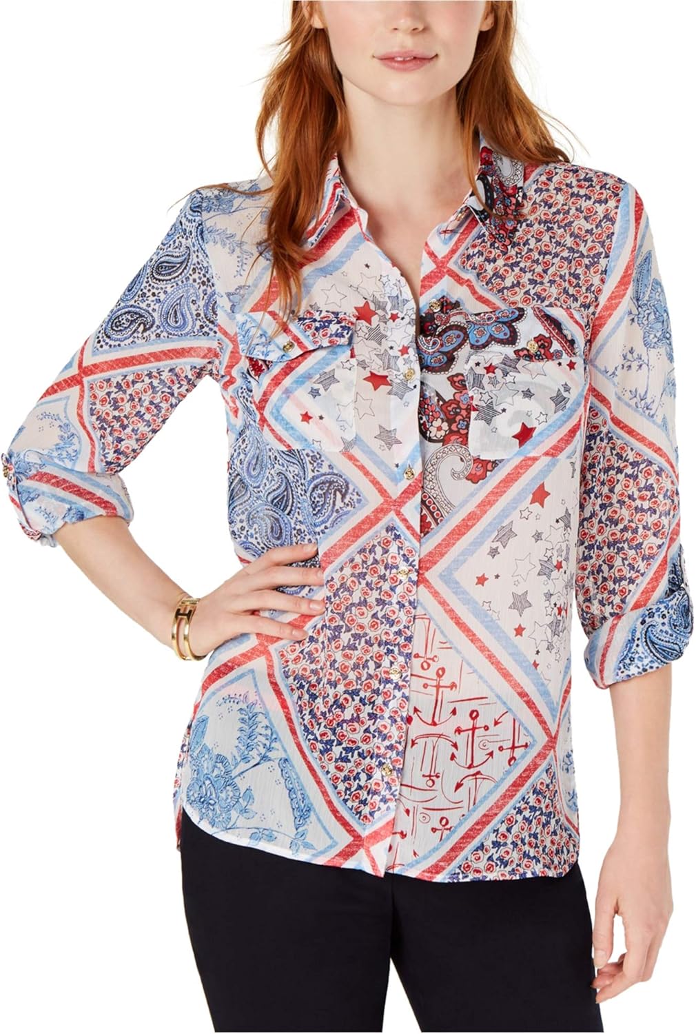 Tommy Hilfiger Womens PatchworkPrint Button Up Shirt at Amazon Women’s