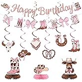 Roetyce Cowgirl Birthday Party Decorations, Pink Glitter Happy Birthday Banner Hanging Swirls Centerpieces for Girls Women, Boots and Bows Party Supplies, Western Cowgirls First Rodeo Photo Backdrop