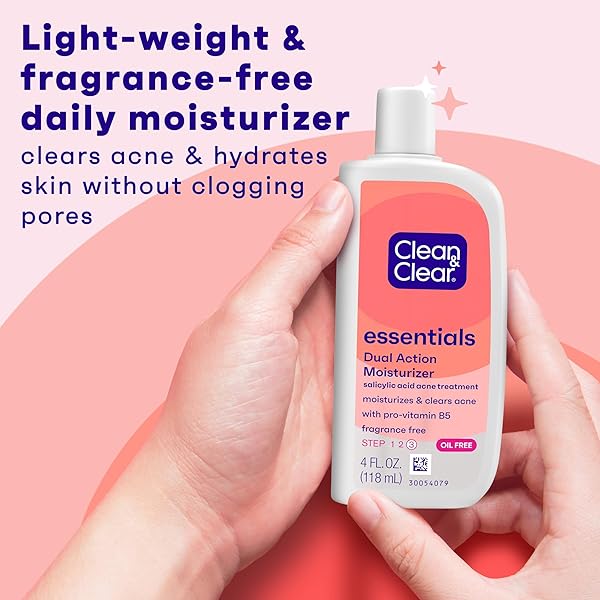 CLEAN & CLEAR ESSENTIALS DUAL ACTION OIL-FREE FACIAL MOISTURIZER, SALICYLIC ACID ACNE TREATMENT WITH PRO-VITAMIN B5 MOISTURIZES WHILE TREATING ACNE & HELPING TO PREVENT PIMPLES, 4 FL. OZ, 3 PACK