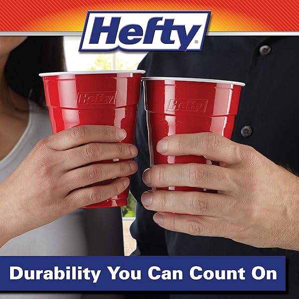 HEFTY PARTY ON RED PLASTIC CUPS, DISPOSABLE PLASTIC PARTY CUPS FOR EASY CLEANUP AND LARGE GATHERINGS, RED CUPS FOR BBQS, BIRTHDAYS, PARTIES, AND MORE, 18 OUNCE, 50 COUNT