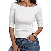 Meetrendi Women's Cute Summer Tops Boat Neck Half Sleeve Basic Tee Shirts Casual Fitted Spring Clothes