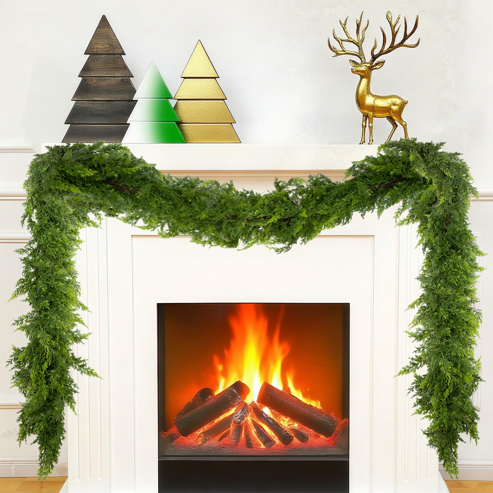 Photo 1 of 9ft Christmas Cedar Garland, Realistic Artificial Soft Thick and Lush Cedar Pine Garland for Fireplace, Real Touch Faux Decor for Mantle Dining Table Doorframe Porch Xmas Holiday Decoration, 1 Pcs